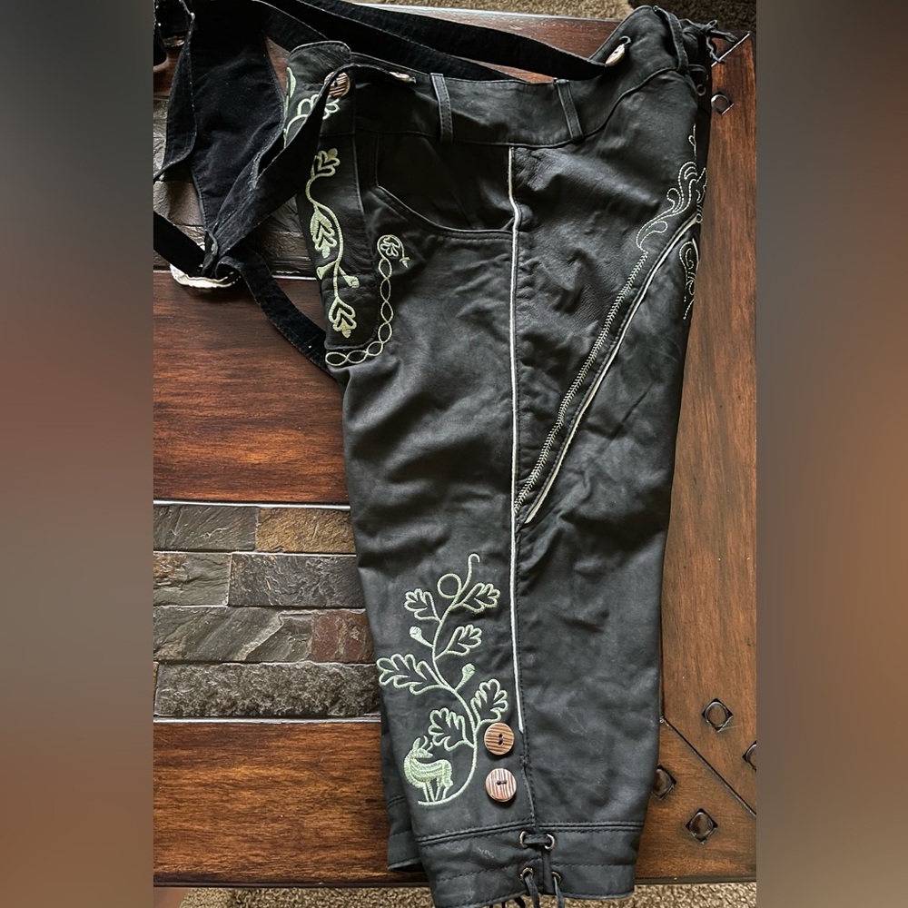 Lammberg Leather Black Embroidered Lederhosen-Style Suspender Pants - Picture 8 of 8